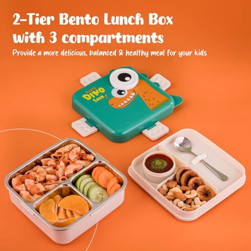 MEDALLIX 3-Compartment Stainless Steel Lunch Box – Insulated, Leak-Proof & BPA-Free Bento Box with Tray, Spoon & Container for School, Office, Travel – 1120ml + 70ml, Green - Image 3