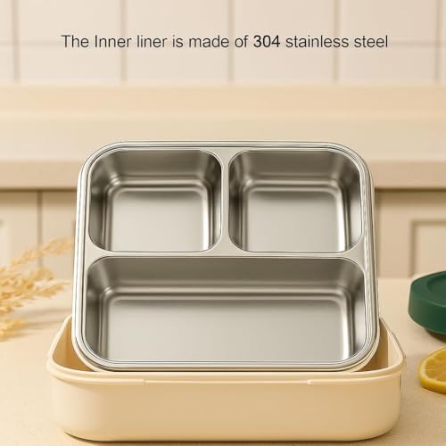 MEDALLIX 3-Compartment Stainless Steel Lunch Box – Insulated, Leak-Proof & BPA-Free Bento Box with Tray, Spoon & Container for School, Office, Travel – 1120ml + 70ml, Green - Image 2