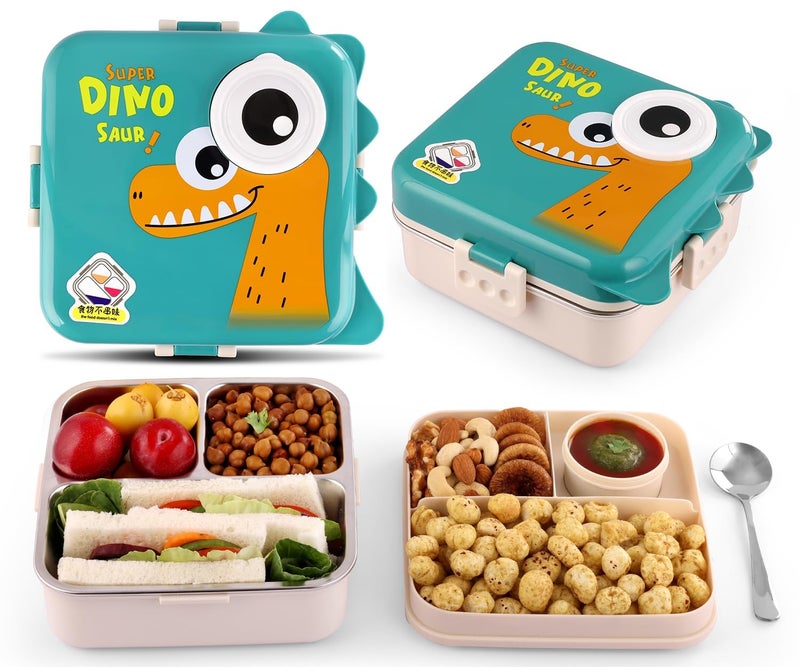 MEDALLIX 3-Compartment Stainless Steel Lunch Box – Insulated, Leak-Proof & BPA-Free Bento Box with Tray, Spoon & Container for School, Office, Travel – 1120ml + 70ml, Green - Image 1