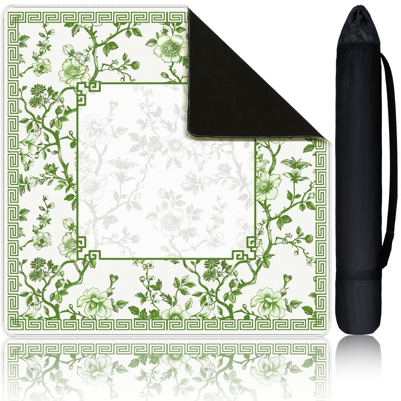 Sonwyoung Chinoiserie Mahjong Mat with 1 Carrying Bag 315 x 315 Green and White Rubber Anti Slip and Noise Reduction Multi Purpose Game Table Cover for Mahjong Card Board Tile Games - Image 2