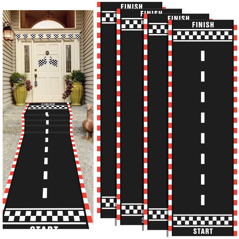 Chalyna 10 Feet Long Racetrack Floor Running Racer Party Decoration Mat Fold Race Tracks Decor Running Mat Drag Car Racer Party Supplies for Road Racing Car Theme Birthday Sport Games, 2 Feet Wide(4 Pcs) - Image 1