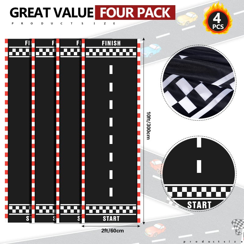 Chalyna 10 Feet Long Racetrack Floor Running Racer Party Decoration Mat Fold Race Tracks Decor Running Mat Drag Car Racer Party Supplies for Road Racing Car Theme Birthday Sport Games, 2 Feet Wide(4 Pcs) - Image 2