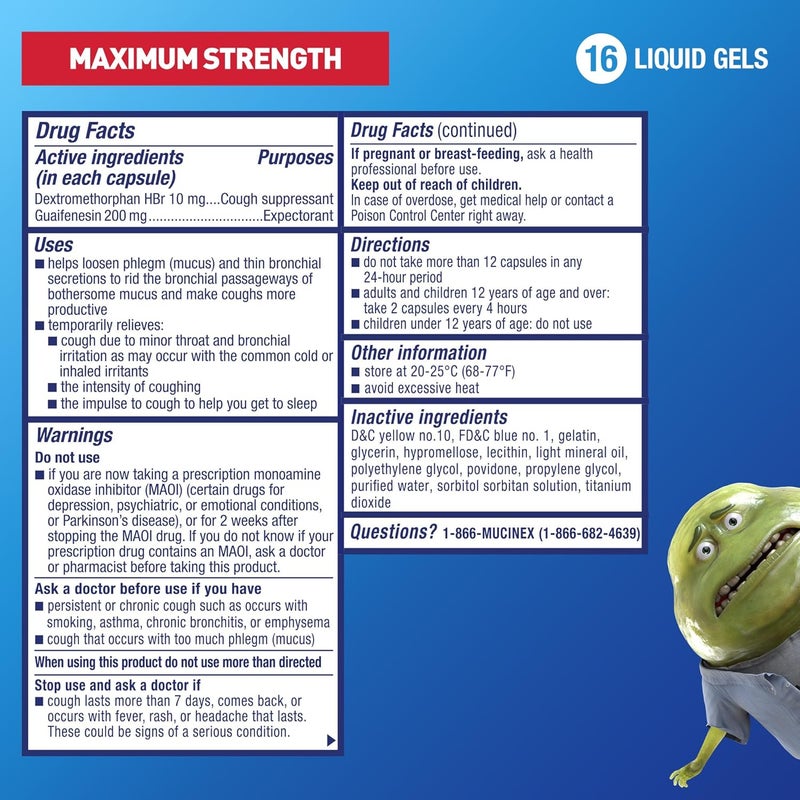 MUCINEX موكسينكس فاست ماكس للاحتقان الشديد السعال أقصى قوة ديكستروميثورفان HBr دواء سعال للبالغين جوايفينيسين طارد للبلغم لتخفيف المخاط الزائد 16 جل سائل - Image 3