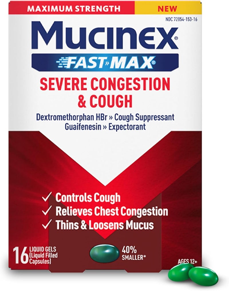 MUCINEX موكسينكس فاست ماكس للاحتقان الشديد السعال أقصى قوة ديكستروميثورفان HBr دواء سعال للبالغين جوايفينيسين طارد للبلغم لتخفيف المخاط الزائد 16 جل سائل - Image 1
