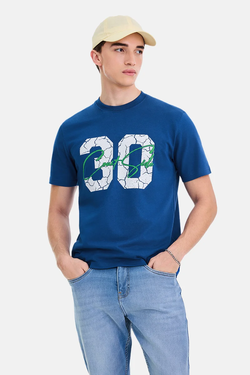 سنيتش Blue Graphic Half Sleeve Regular Fit Streetwear T-Shirt