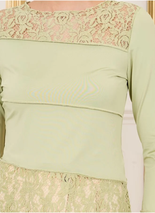 Styli Lace Insert Stitch Detail Knit Top