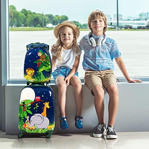 BABY JOY 2 PC Kids Luggage, 16" Toddlers Carry-on Suitcase & 12” Backpack Set, Children Travelling Case w/ 4 Casters & Retractable Handle, Lightweight Trolley Case for Boys & Girls (Elephant) - Image 2