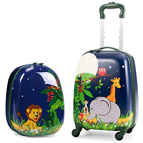 BABY JOY 2 PC Kids Luggage, 16" Toddlers Carry-on Suitcase & 12” Backpack Set, Children Travelling Case w/ 4 Casters & Retractable Handle, Lightweight Trolley Case for Boys & Girls (Elephant) - Image 1