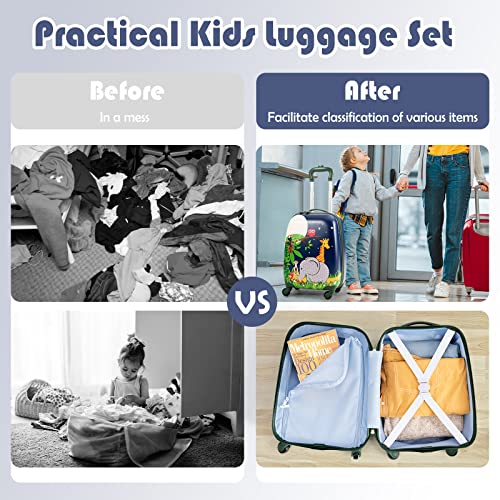 BABY JOY 2 PC Kids Luggage, 16" Toddlers Carry-on Suitcase & 12” Backpack Set, Children Travelling Case w/ 4 Casters & Retractable Handle, Lightweight Trolley Case for Boys & Girls (Elephant) - Image 3