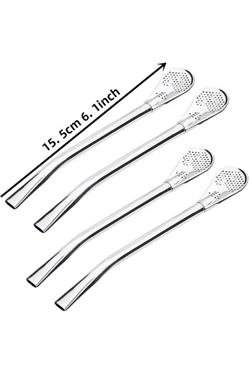 أربع قطع من شفاطات الشرب المصنوعة من الفولاذ المقاوم للصدأ، بطول 15.5 سم، مع ملعقة ترشيح، قابلة لإعادة الاستخدام، مناسبة لشرب المتة.