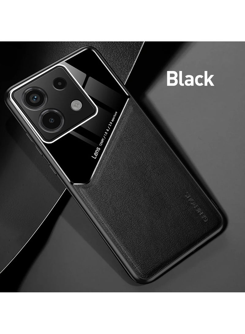 Case Compatible With Xiaomi Redmi Note 13 Pro 4G Cover Luxury Leather And Glass With Car Magnetic Holder Phone Cover Soft Frame Silicone (Black) - Image 1