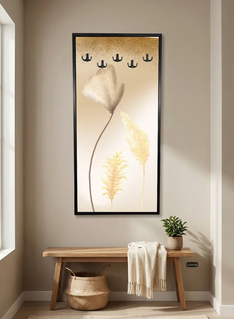 LOWHA Coat Rack Embedded in Floral Design Canvas Wall Art Stretched Over Wooden Frame with Black Floating Frame