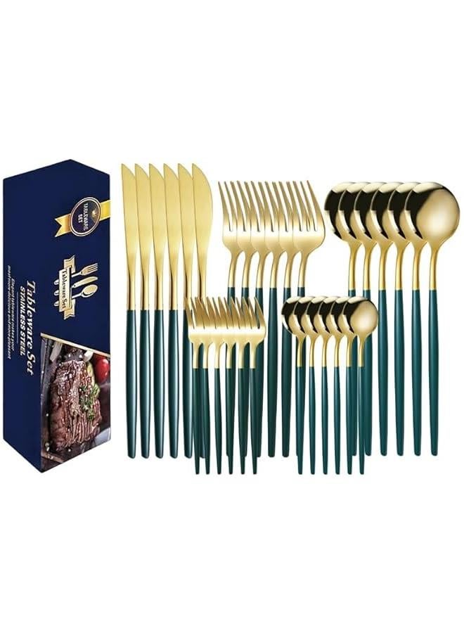 هوكور مجموعة أدوات مائدة من الستانلس ستيل مكونة من 30 قطعة لتناسب 6 أشخاص، شوك وسكاكين وملاعق للمنزل والمطعم، لون ذهبي أخضر - Image 1
