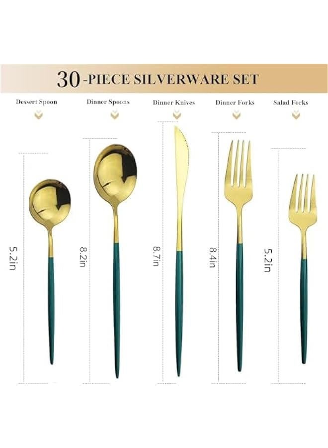هوكور مجموعة أدوات مائدة من الستانلس ستيل مكونة من 30 قطعة لتناسب 6 أشخاص، شوك وسكاكين وملاعق للمنزل والمطعم، لون ذهبي أخضر - Image 2