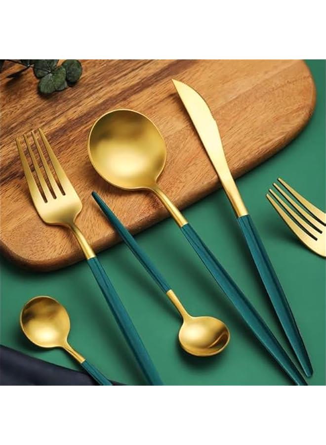 هوكور مجموعة أدوات مائدة من الستانلس ستيل مكونة من 30 قطعة لتناسب 6 أشخاص، شوك وسكاكين وملاعق للمنزل والمطعم، لون ذهبي أخضر - Image 3