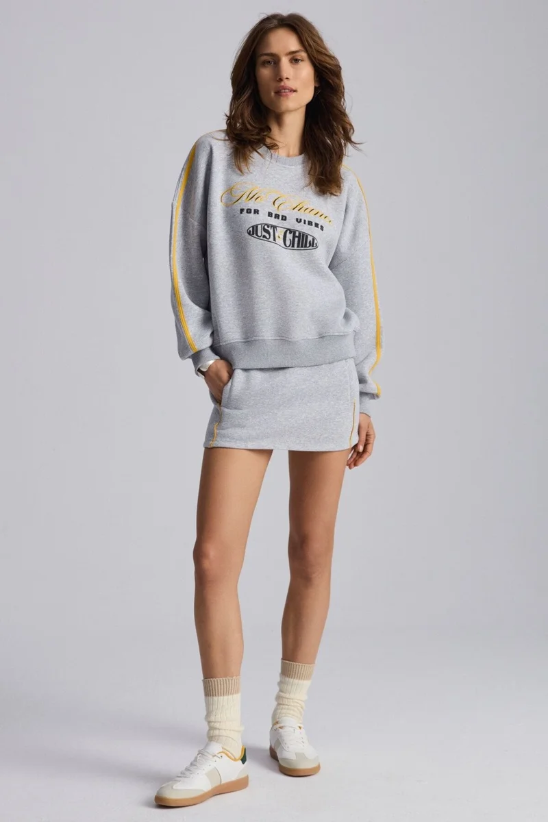 جريميلانج Mıreille Women's Printed 3 Thread Knitted Organic Cotton Regular Fit Grey Melange Sweatshirt