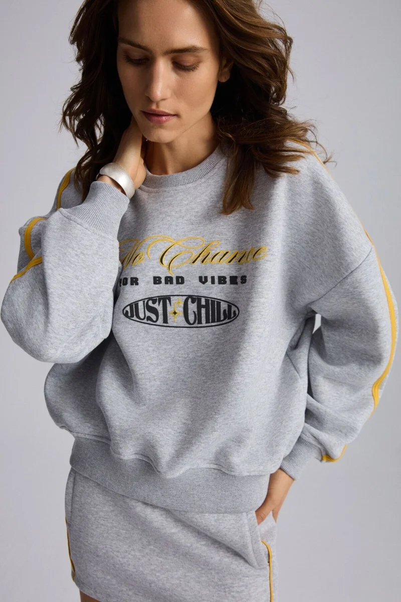 جريميلانج Mıreille Women's Printed 3 Thread Knitted Organic Cotton Regular Fit Grey Melange Sweatshirt