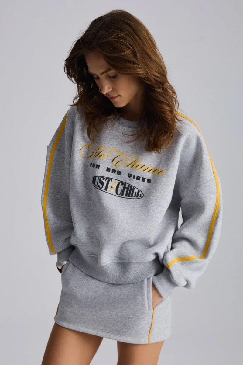 جريميلانج Mıreille Women's Printed 3 Thread Knitted Organic Cotton Regular Fit Grey Melange Sweatshirt