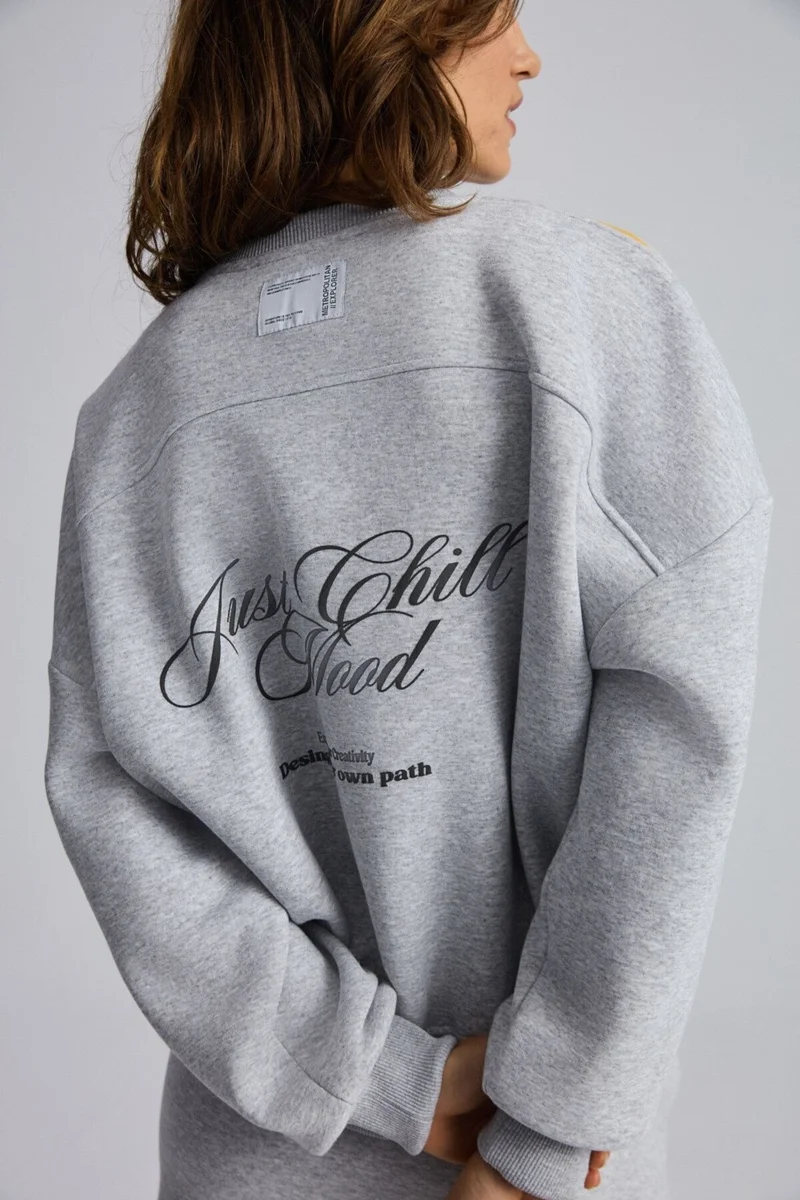 جريميلانج Mıreille Women's Printed 3 Thread Knitted Organic Cotton Regular Fit Grey Melange Sweatshirt