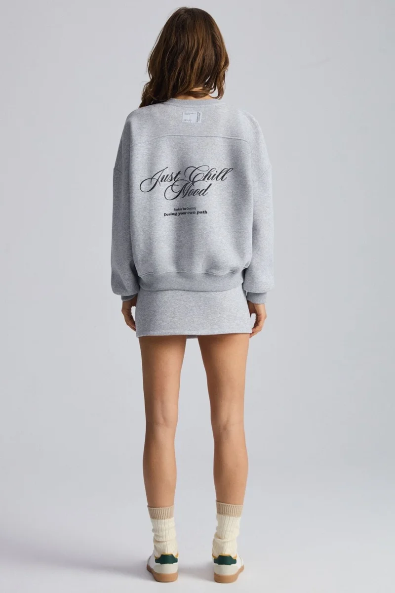 جريميلانج Mıreille Women's Printed 3 Thread Knitted Organic Cotton Regular Fit Grey Melange Sweatshirt