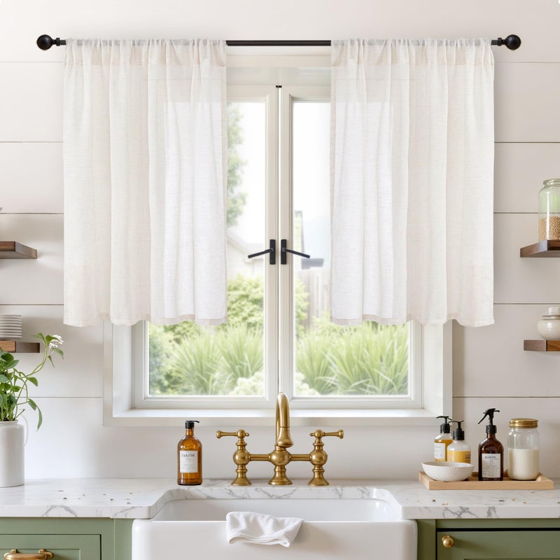 BGment Ivory Linen Cafe Curtains 36 Inch Length for Over Sink - Short Light Filtering Drapes with Rod Pocket Semi Sheer Lightweight for Bathroom Kitchen Window, 2 Panels Set, 42 X 36 Inch - Image 1