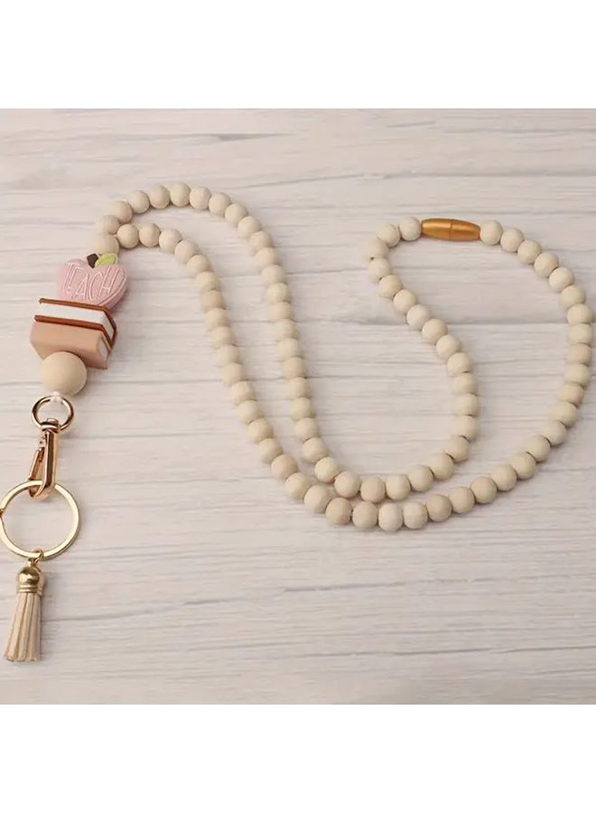 زهور وردية اللحم قلادة خرز خشبية سلسلة مفاتيح علم حب ألهم حامل بطاقة هدية تقدير المعلم حبل التعليق - Image 1