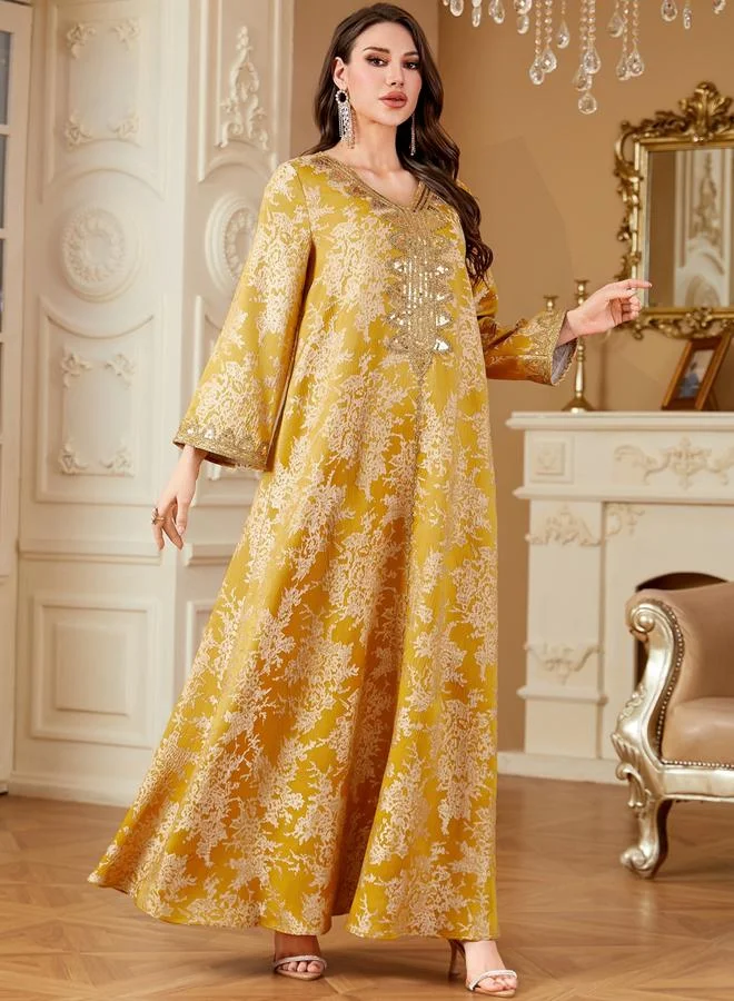 Take Two Yellow Women Texture Fabric Sequin Patch Detail Jalabiya for Women | Best Price UAE