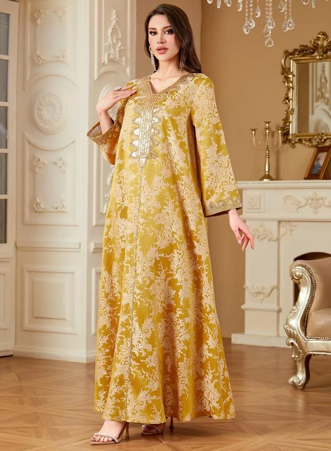 Take Two Yellow Women Texture Fabric Sequin Patch Detail Jalabiya for Women | Best Price UAE