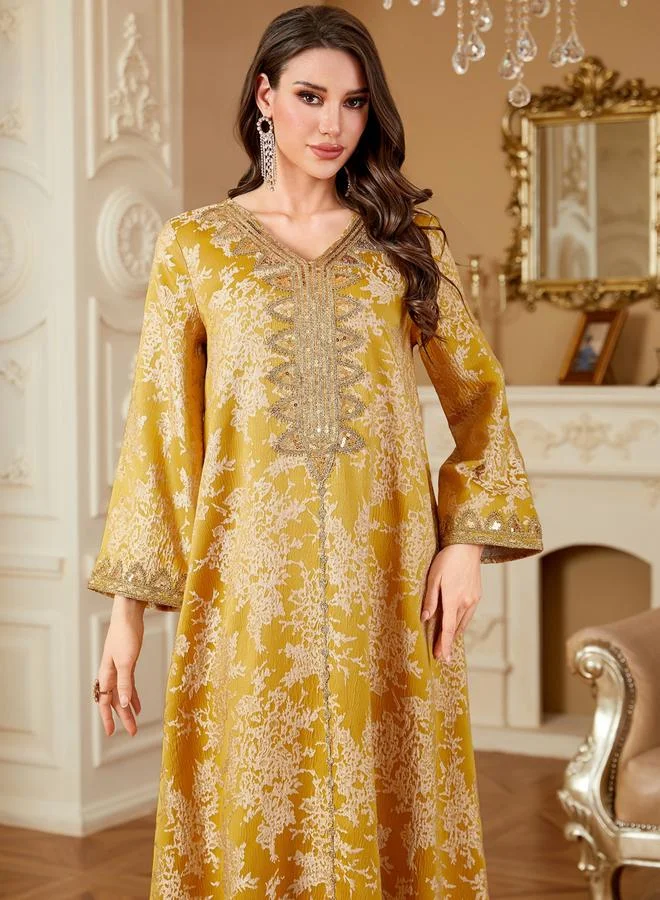 Take Two Yellow Women Texture Fabric Sequin Patch Detail Jalabiya for Women | Best Price UAE