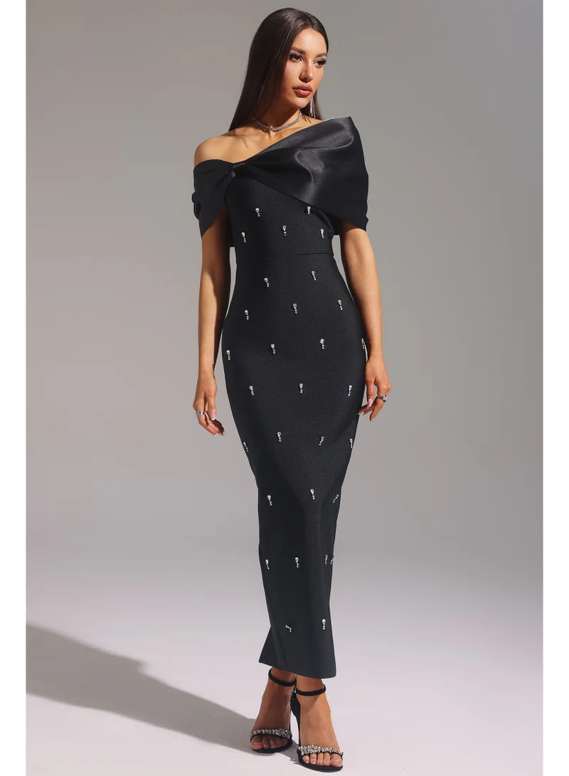 Bella Barnett Palez Sleeveless One Shoulder Diamond Bow Bandage Maxi Dress