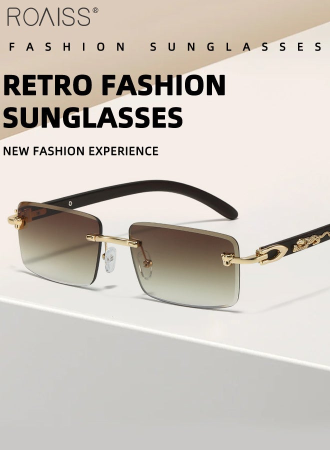 رويس نظارات شمسية مستطيلة أنيقة للرجال، بدون إطار مزينة بنقشة الفهد، حماية من الأشعة فوق البنفسجية 400، نظارات شمسية خارجية مضادة للتوهج، مناسبة للحفلات الخارجية وتصوير الشوارع - Image 3