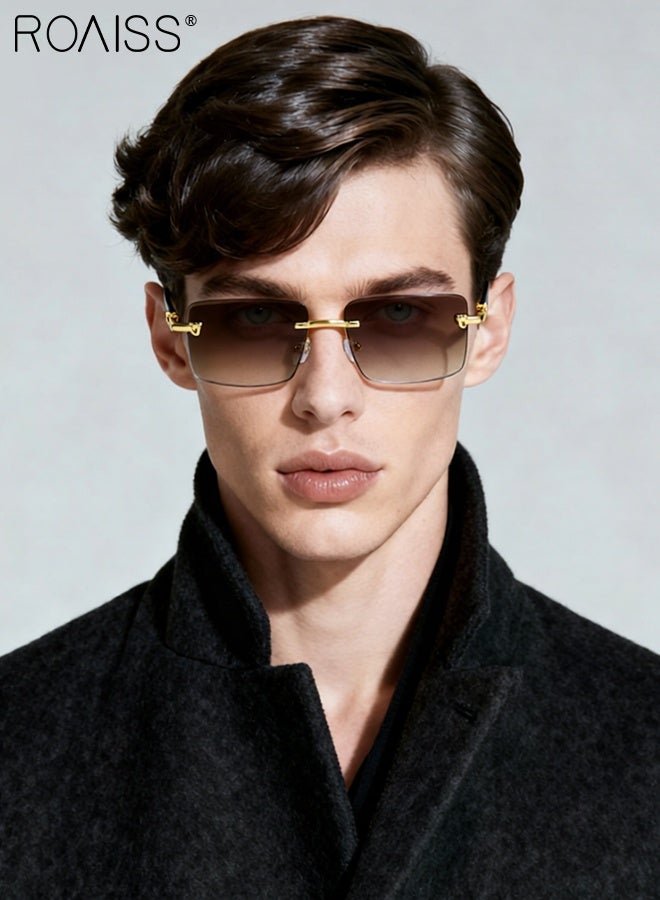 رويس نظارات شمسية مستطيلة أنيقة للرجال، بدون إطار مزينة بنقشة الفهد، حماية من الأشعة فوق البنفسجية 400، نظارات شمسية خارجية مضادة للتوهج، مناسبة للحفلات الخارجية وتصوير الشوارع - Image 2