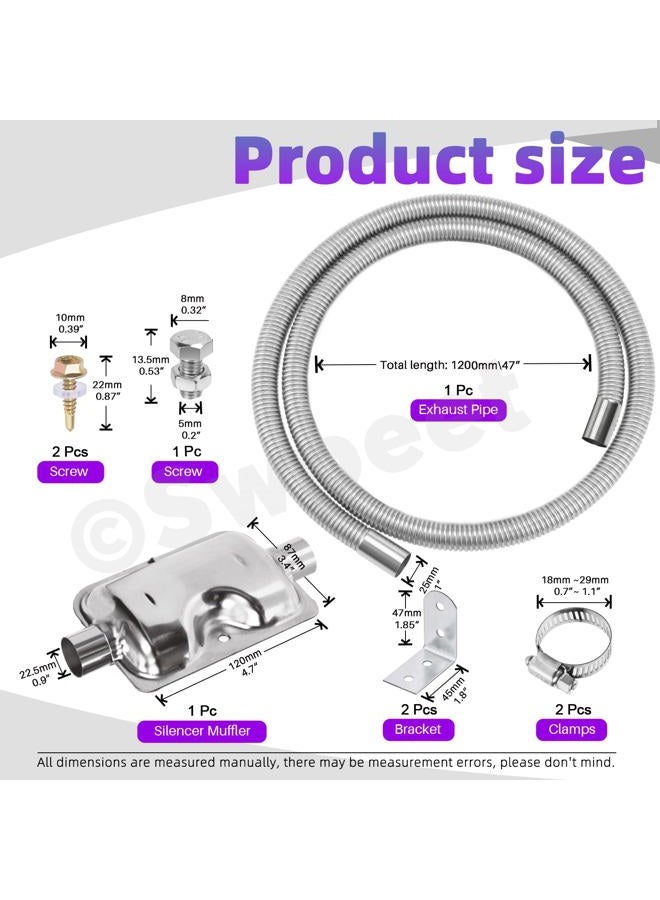 Swpeet 8Pcs 1" X 47"- 25Mm 120Cm Stainless Steel Diesel Heater Exhaust Pipe And Silencer Muffler With 18Mm-29Mm Hose Clamps Kit, Fuel Tank Gas Vent Tubing For Car Vehicle - Image 2