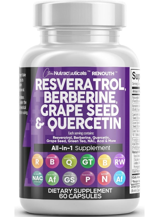 Clean Nutraceuticals Resveratrol 6000mg Berberine 3000mg Grape Seed Extract 3000mg Quercetin 4000mg Green Tea Extract - Polyphenol Supplement for Women and Men with N-Acetyl Cysteine, Acai Extract - 60 Capsules - Image 1