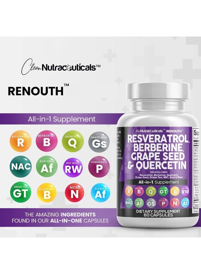 Clean Nutraceuticals Resveratrol 6000mg Berberine 3000mg Grape Seed Extract 3000mg Quercetin 4000mg Green Tea Extract - Polyphenol Supplement for Women and Men with N-Acetyl Cysteine, Acai Extract - 60 Capsules - Image 5