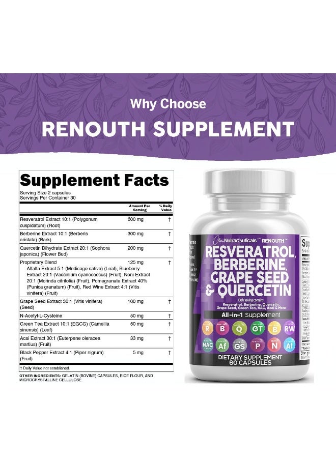 Clean Nutraceuticals Resveratrol 6000mg Berberine 3000mg Grape Seed Extract 3000mg Quercetin 4000mg Green Tea Extract - Polyphenol Supplement for Women and Men with N-Acetyl Cysteine, Acai Extract - 60 Capsules - Image 3