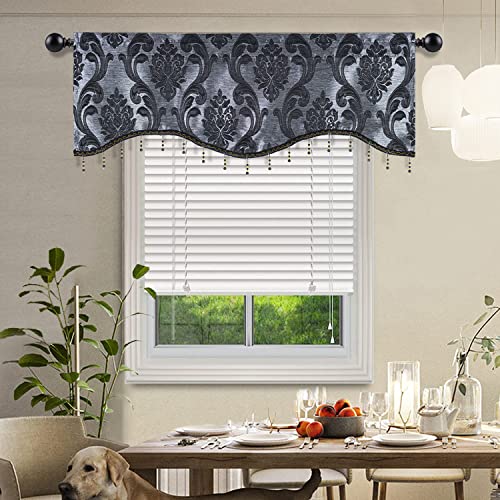NAPEARL Black Scalloped Valance Decoration Jacquard Swag Kitchen Window Curtains Over Sink, Rod Pocket Tier, Kitchen Valance Curtains Over Sink (Black, 52W X 18L) - Image 2