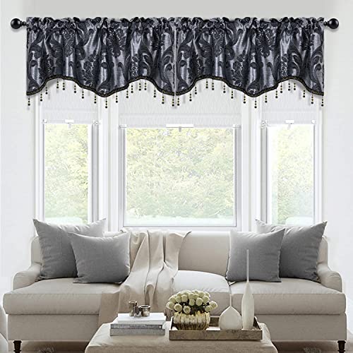 NAPEARL Black Scalloped Valance Decoration Jacquard Swag Kitchen Window Curtains Over Sink, Rod Pocket Tier, Kitchen Valance Curtains Over Sink (Black, 52W X 18L) - Image 3