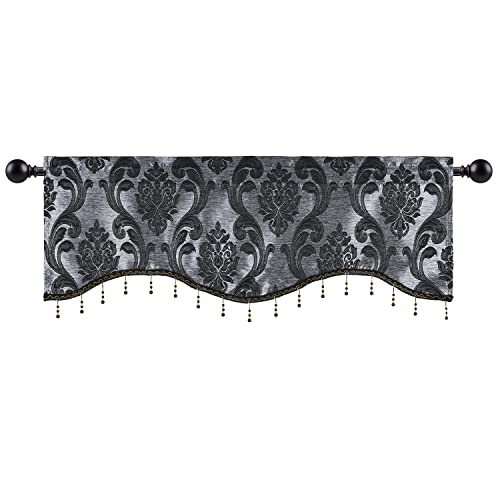 NAPEARL Black Scalloped Valance Decoration Jacquard Swag Kitchen Window Curtains Over Sink, Rod Pocket Tier, Kitchen Valance Curtains Over Sink (Black, 52W X 18L) - Image 5