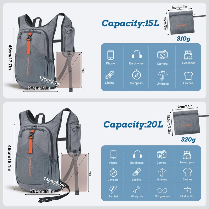 BECOJADDE 15L Small Hiking Backpack for Men Women Foldable Packable Back Pack Ultralight Hiking Daypack for Travel Camping Outdoor, Gray - Image 4