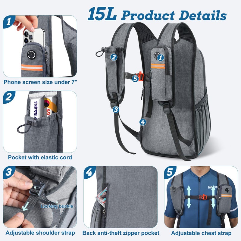 BECOJADDE 15L Small Hiking Backpack for Men Women Foldable Packable Back Pack Ultralight Hiking Daypack for Travel Camping Outdoor, Gray - Image 2