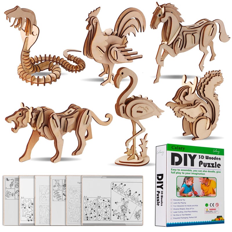 calary 3D Wooden Puzzle Simulation Animal Dinosaur Assembly DIY Model Toy for Kids and Adults,Set of 6 - Image 1
