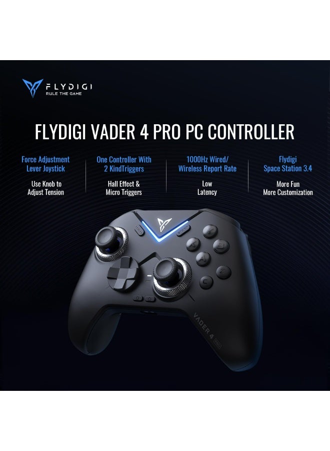فلاي ديجي وحدة تحكم FLYDIGI Vader 4 Pro للكمبيوتر الشخصي، مزودة بذراع ضبط القوة، عصا تحكم، أزرار هول وماكرو 2 في 1، معدل استجابة 1000 هرتز، اهتزاز ستيريو، بطارية 800 مللي أمبير، وحدة تحكم متعددة المنصات لأجهزة الكمبيوتر/NS/التلفزيون/أندرويد/الكمبيوتر المحمول - Image 2