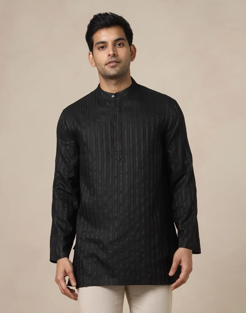 فاب انديا Black Viscose Blend Stripe Short Kurta