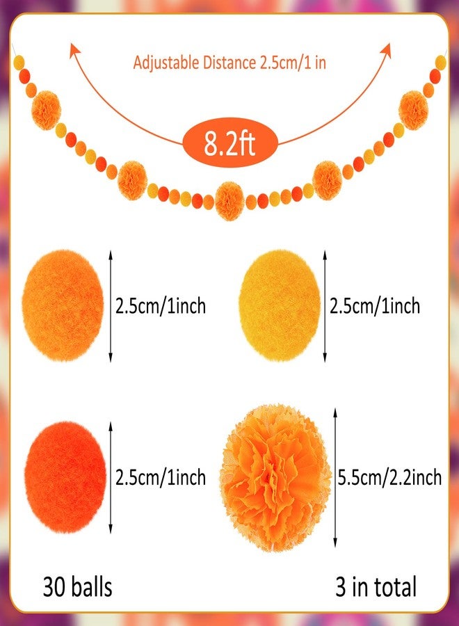 Rtteri 3 Pcs Day of The Dead Felt Ball Garland Marigold Pompom Ball Banner Halloween Felt Garland Pom Pom Garlands for Diwali Day of The Dead Halloween Mexico Party Decoration - Image 2