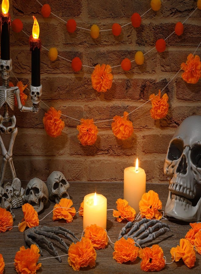 Rtteri 3 Pcs Day of The Dead Felt Ball Garland Marigold Pompom Ball Banner Halloween Felt Garland Pom Pom Garlands for Diwali Day of The Dead Halloween Mexico Party Decoration - Image 4