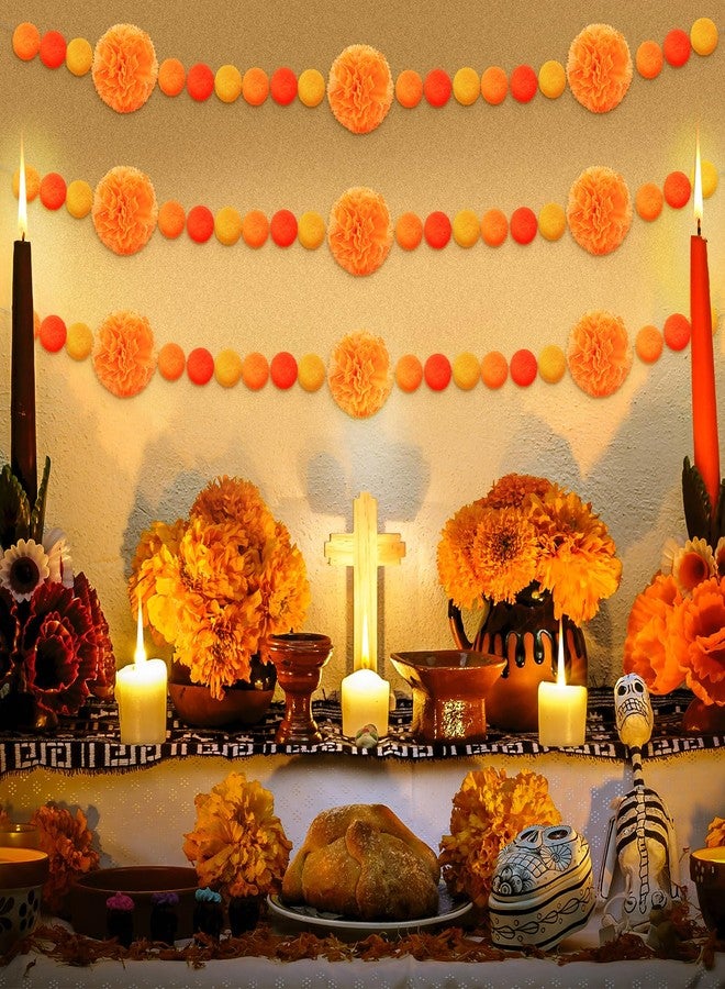 Rtteri 3 Pcs Day of The Dead Felt Ball Garland Marigold Pompom Ball Banner Halloween Felt Garland Pom Pom Garlands for Diwali Day of The Dead Halloween Mexico Party Decoration - Image 5