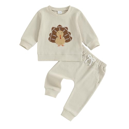 Fernvia Baby Boy Fall Clothes Toddler Thanksgiving Outfit Turkey Football Embroidered Waffle Knit Sweatshirts Pants Set A Beige 1824 Months - Image 1