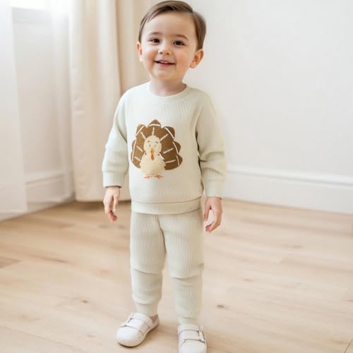 Fernvia Baby Boy Fall Clothes Toddler Thanksgiving Outfit Turkey Football Embroidered Waffle Knit Sweatshirts Pants Set A Beige 1824 Months - Image 3