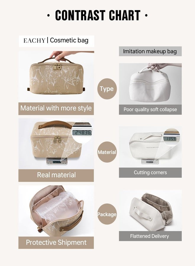 EACHY Travel Makeup Bag,Large Capacity Cosmetic Bags for Women,Waterproof Portable Pouch Open Flat Toiletry Bag Pattern Makeup Bag, Brown-M, Medium - Image 4